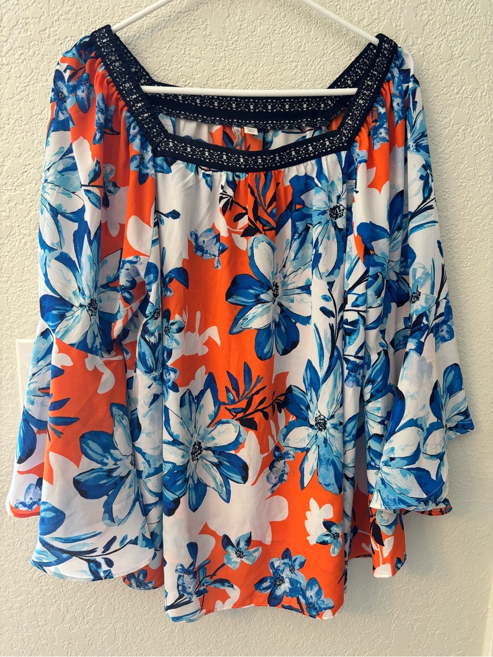 EST 1946 Orange Blue Tropical Cottagecore Boho Bell Sleeve Top 14/16